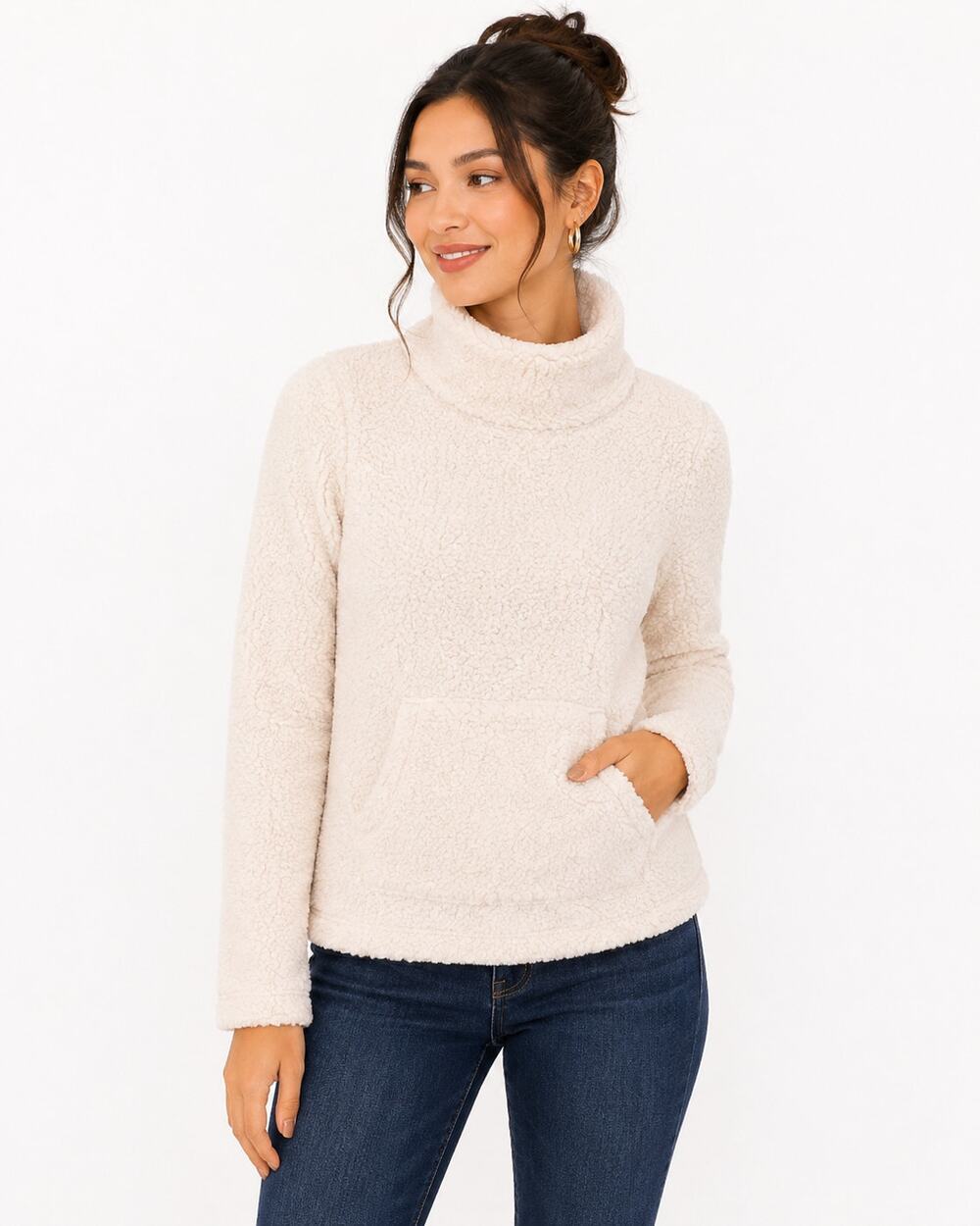 St. John’s Bay Women M Cream Sherpa Fleece Funnel Neck Pullover Pocket NWOT